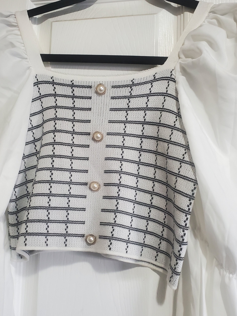 Women’s White & Black Grid Knit Skirt with Pearl Buttons